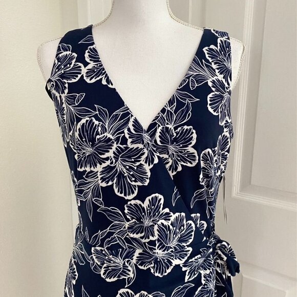 Lauren Ralph Lauren Sz 8 Printed Matte Jersey Faux Wrap Dress Lighthouse Navy - Picture 2 of 9